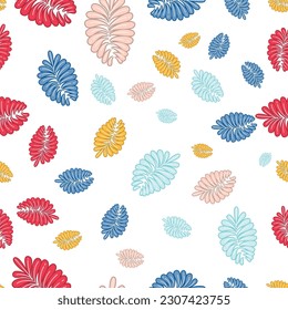 Seamless pattern of beautiful colorful leaves arranged randomly. Vector illustration.