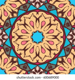 Seamless pattern with beautiful colorful mandalas. Vector ornaments in grunge style 