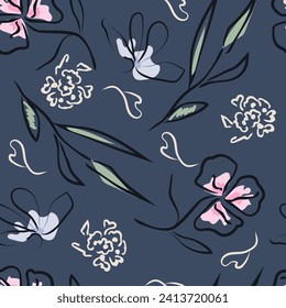 Seamless pattern with beautiful contour black and white flowers on dark blue. Floral background for printing on fabric, clothing, home textiles, wallpaper, gift wrapping. Vector.