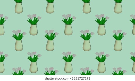 Seamless pattern of a beautiful cream vase and pink tulips with green background. Pattern for digital background, textiles, packaging, or any other design requiring soft, repeating floral pattern.