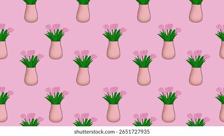 Seamless pattern of a beautiful cream vase and pink tulips with pink background. Pattern for digital background, textiles, packaging, or any other design requiring soft, repeating floral pattern.