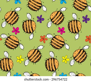 Seamless pattern of beautiful, creative and nice bright yellow, orange bee with pink, purple, blue flowers for scrapbook, card on a green background Vector illustration eps 10