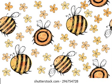 Seamless pattern of beautiful, creative and nice watercolor bright yellow, orange bee with flowers for scrapbook, card on a white background Vector illustration eps 10