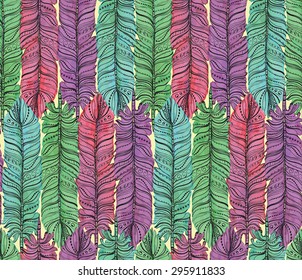 Seamless pattern of beautiful curly blue, green, pink, purple feather watercolor Vector illustration eps 10