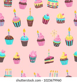 Seamless pattern. Beautiful cute birthday cakes with candles. For printing on textiles, paper. For birthday gift packaging.