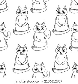 Seamless pattern with beautiful and cute chinenese cats. Set with sitting black cat with a raised paw. Children animal background on white backdrop.