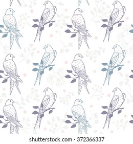 Seamless pattern with beautiful and cute swallows sit on a branch tree. Vector illustration