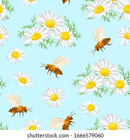 Seamless pattern with beautiful daisies and honey bees on blue background. Vector illustration of nature, summer blooming flowers in cartoon flat style.
