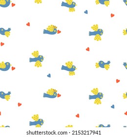 Seamless pattern with beautiful decorative flying birds on white background with heart. Vector illustration for decor, design, decoration, printing, textile and packaging, wallpaper