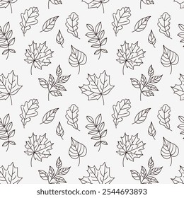 Seamless pattern with beautiful decorative leaves silhouette. Wallpaper with abstract line autumn leaves on white background. Vector stock illustration.