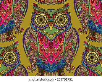 Seamless pattern with a lot of beautiful decorative owls. The pattern has many details and colors