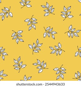 Seamless pattern with beautiful decorative rowan leaf silhouette. Wallpaper with abstract line autumn rowan leaves on yellow background. Wrapping or fabric design. Vector stock illustration.