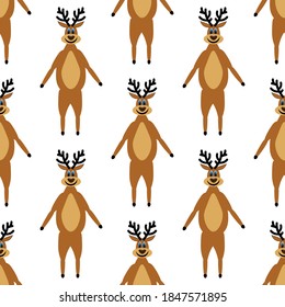Seamless pattern with beautiful deer on a white background. Winter forest animals in flat style. Cartoon mammals fawns in relaxation.
Stock vector illustration for design, decor, fabric