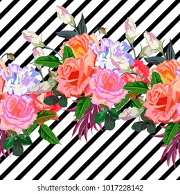 Seamless pattern with beautiful delicate roses on striped background. Flower background for textile, cover, wallpaper, gift packaging, printing.Romantic design for calico, silk.