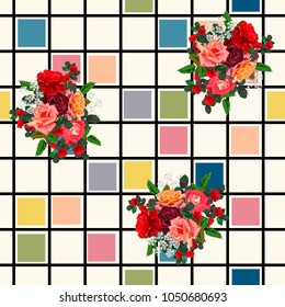 Seamless pattern with beautiful delicate roses on geometric background. Flower background for textile, cover, wallpaper, gift packaging, printing.Romantic design for calico, silk.