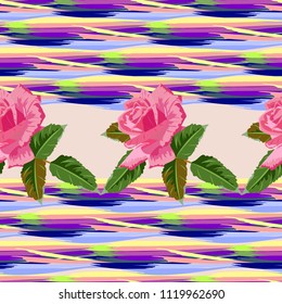Seamless pattern with beautiful delicate roses on striped background. Flower background for textile, cover, wallpaper, gift packaging, printing.Romantic design for calico, silk.

