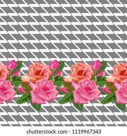 Seamless pattern with beautiful delicate roses on geometric background. Flower background for textile, cover, wallpaper, gift packaging, printing.Romantic design for calico, silk.