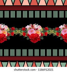 Seamless pattern with beautiful delicate roses on geometric background. Flower background for textile, cover, wallpaper, gift packaging, printing.Romantic design for calico, silk.