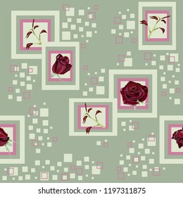 Seamless pattern with beautiful delicate roses on geometric background. Flower background for textile, cover, wallpaper, gift packaging, printing.Romantic design for calico, silk.