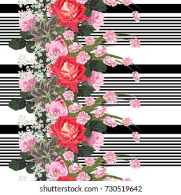 Patrón sin inconvenientes con bellas rosas delicadas y lindas flores rosas sobre fondo rayado. Fondo de flores para textiles, cubierta, papel pintado, embalaje de regalo, impresión.Diseño romántico para calico, seda.
