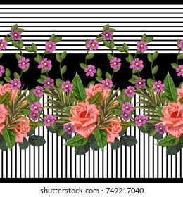 Nahtloses Muster mit schönen zarten Rosen und blühenden Zweigen auf gestreiftem Hintergrund. Blumenhintergrund für Textilien, Decken, Tapeten, Geschenkverpackungen, Druck.Romantisches Design für Kali, Seide.