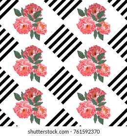 Seamless pattern with beautiful delicate roses on striped background. Flower background for textile, cover, wallpaper, gift packaging, printing.Romantic design for calico, silk.