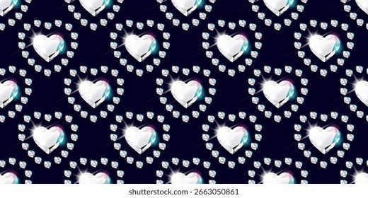 Seamless pattern with beautiful diamond hearts. Packaging design for Valentine's Day, March 8, anniversary, birthday. On a dark background. Vector.