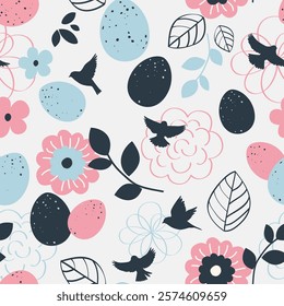 Seamless pattern with beautiful easter egg, bird and flower blue and pink silhouette on white background. Happy Easter Day floral wallpaper. Dress fabric or wrapping design. Vector stock illustration.