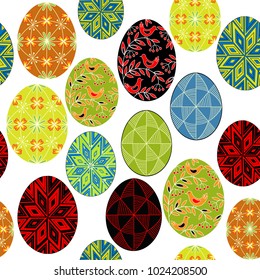 Seamless pattern. Beautiful Easter eggs, painted with different patterns. Suitable as wallpaper, for packing gifts for Easter. Vector illustration.
