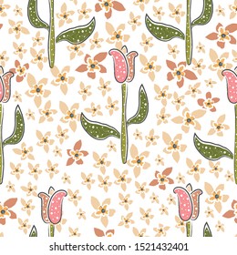 Seamless Pattern with Beautiful Elegant Flowers. Scandinavian Style. Hand Drawn Quality Work. Vector Illustration