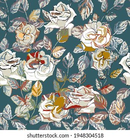 Seamless pattern. Beautiful elegant roses and leaves. Tide color background. Floral elements with shades of green, olive, yellow, burgundy. Endless vector illustration for print.