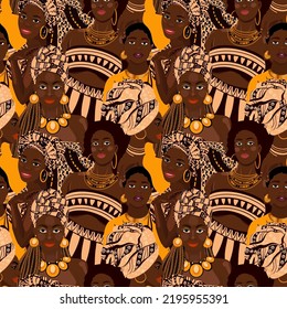 Patrón sin foco con hermosas mujeres de etnia africana, chicos negros repitiendo textura. Papel de moda. ilustración vectorial