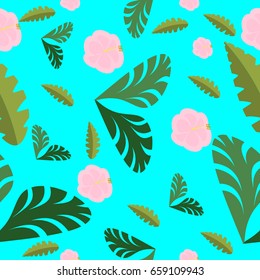 Seamless pattern with beautiful exotic plants on green background