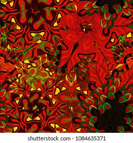 Seamless pattern Beautiful fabric background. Illustration. Doodles on a red, black, brown, green and yellow colors. Vector texture.
