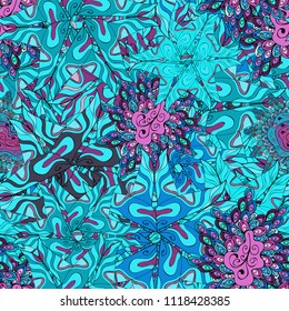 Seamless pattern Beautiful fabric background. Doodles on a blue, black, violet and purple colors. Illustration. Vector texture.