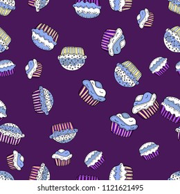 Seamless pattern Beautiful fabric background. Doodles on a white, black and blue colors. Texture. Illustration.