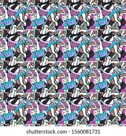 Seamless pattern Beautiful fabric background. Illustration. Doodles on a blue, white and black colors. Vector texture.