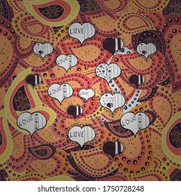 Seamless pattern Beautiful fabric background. Vector texture. Doodles on a white, yellow and orange colors. Illustration.