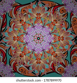 Seamless pattern Beautiful fabric background. Illustration. Doodles on a pink, black and blue colors. Vector texture.