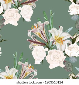 Seamless pattern. Beautiful fabric blooming realistic flowers. Vintage green background. Roses, lilies and greens. 