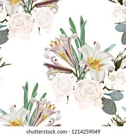 Seamless pattern. Beautiful fabric blooming realistic flowers. Vintage white background. Roses, lilies and greens. 