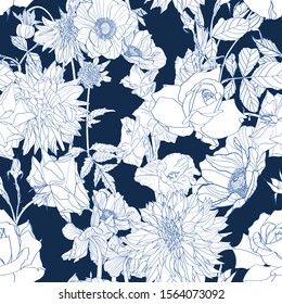 Seamless pattern. Beautiful fabric blooming realistic line flowers. Vintage background. Dahlia, roses, Anemones, wildflowers. Dar k blue backdrop.