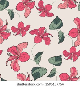 Seamless pattern. Beautiful fabric blooming realistic isolated flowers. Vintage background. Hibiscus heliotrope wildflowers branch. Wallpaper baroque. Drawing engraving. 