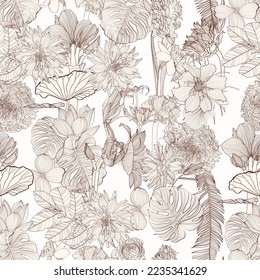 Seamless pattern. Beautiful fabric blooming realistic line flowers. Vintage background. Dahlia, roses, Anemones, wildflowers. Vintage beige backdrop.