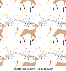 Seamless pattern with beautiful fabulous deer. A young deer with antlers in the form of tree branches stomps his hoof. Cartoon character. Colorful vector illustration