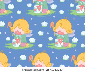 Seamless pattern of beautiful fairies eat jam sitting on a leaf between water lilies. Сute children's background