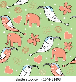 Seamless pattern with beautiful and fantastic forest birds and fabulous flowers. Vector image.