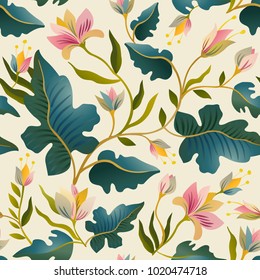 Seamless pattern with beautiful fantastic plants. Vector magic background design.