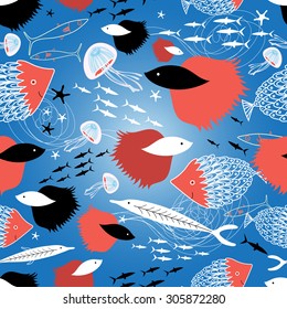 seamless pattern of beautiful fish in the sea