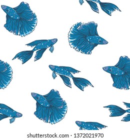 seamless pattern with beautiful fish. Vector embroidery for fashion textile and fabric
